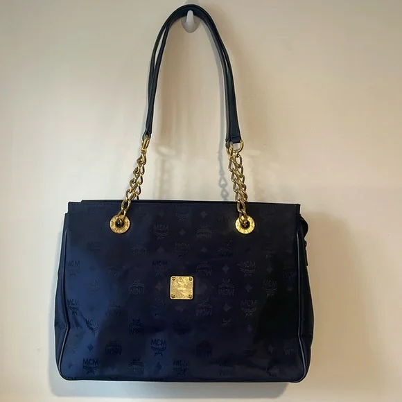 MCM Visetos Pattern Nylon Chain Tote Bag Shoulder Navy x Gold - Picture 1 of 8